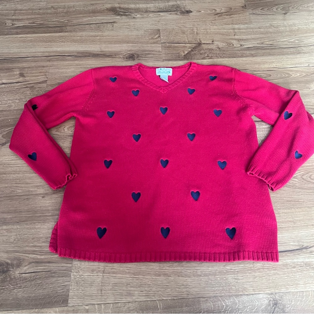 Women’s Quaker Factory Red V-Neck Sweater with Navy Heart Accents